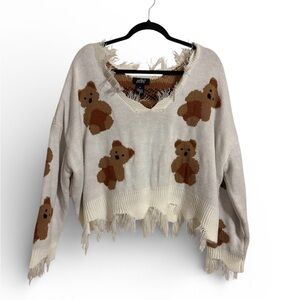 Just Polly NY Teddy Bear Frayed Distressed Knit Cropped Sweater - Women’s XL